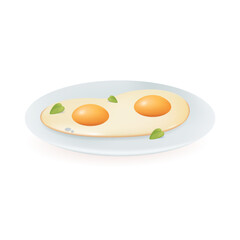 Fried eggs on plate 3d vector illustration. Traditional breakfast meal at home or restaurant in cartoon style isolated on white background. Fast food, shop, menu concept