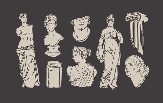 Hand drawn vector abstract outline,graphic,line greek ancient sculpture statue line art modern drawing set.Antique classic statues in trendy line style,outline design concept.Antique statue design.