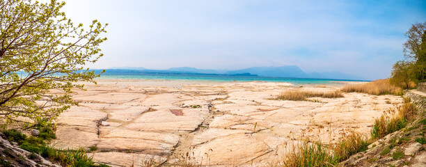 Famous Sirmione at lake Garda, Italy, on a sunny day in springtime. 