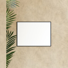 Living room interior with plant and shadow with decoration, mockup poster frame hanging on the wall