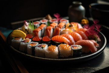 Fresh sushi platter on dark background. Photorealistic generative AI illustration