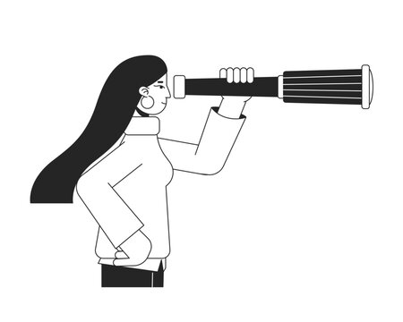 Woman looking at monocular telescope flat line black white vector character. Editable isolated outline person. Strategic vision simple cartoon style spot illustration for web graphic design, animation