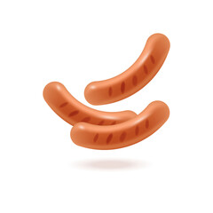 Grilled sausages 3d vector illustration. Smoked meat product for cooking or restaurant in cartoon style isolated on white background. Fast food, shop, menu concept