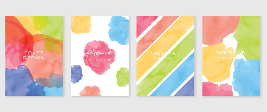 Watercolor art background cover template set. Wallpaper design with paint brush, rainbow color, brush stroke. Abstract illustration for prints, wall art and invitation card, banner. 