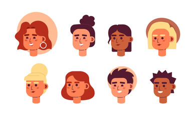 Tourists students semi flat vector character head pack. Travellers. Editable cartoon style face emotions. Simple colorful avatar icons. Spot illustration bundle for web graphic design, animation