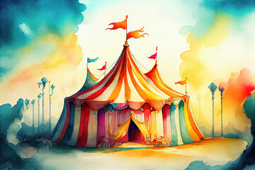 Magial colorful fairy tale circus tent in watercolor style (Generative AI) - obrazy, fototapety, plakaty