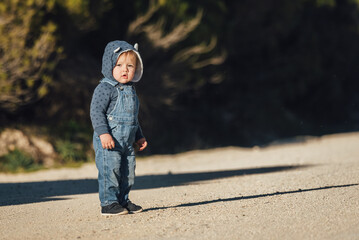Fototapeta premium Portrait of beautiful two year old little boy in hoody standing on a path