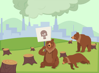 Sad comic bears suffering from air pollution and deforestation. Wild animal holding placard with skull, dangerous human activity vector illustration. Wildlife, nature, extinction, environment concept