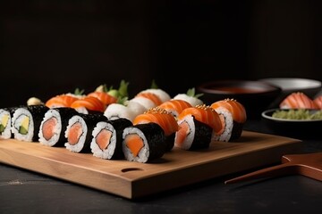 sushi on a black plate, ai generative