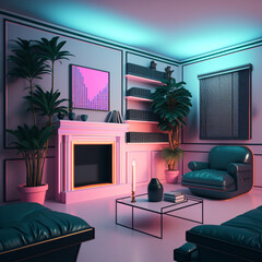  a living room design in style of colorful vaporwave interior design, pink and cyan colors Created with generative AI tools.
