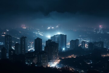 City at night, but instead of the usual lights, the buildings are illuminated from within by a faint blue radiation. Emergency sirens are blaring as people evacuate the city below. Generative AI