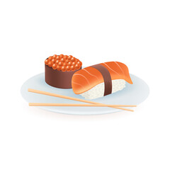 Tasty sushi on plate 3d vector illustration. Japanese seafood with salmon and rice and chopsticks at home or restaurant in cartoon style isolated on white background. Fast food, shop, menu concept