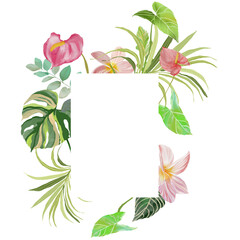 Acrylic tropical frame of plumeria, anthurium, palms and plants. Hand painted floral card isolated on white background. Holiday flower Illustration for design, print, fabric or background.