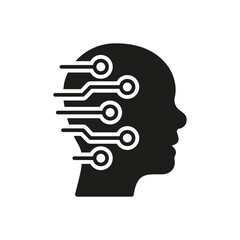 Tech Science Innovation Solid Symbol on White Background. Human Head with Circuit Black Silhouette Icon, Digital Technology and Artificial Intelligence Concept. Isolated Vector Illustration