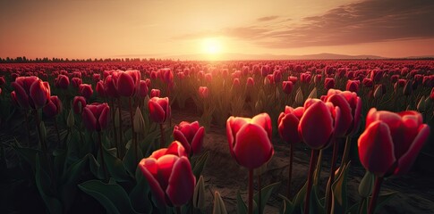 Tulip flower field on beautiful sunset landscape. Generative AI