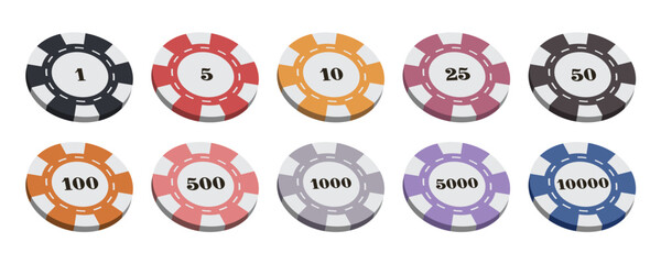 Playing chips with numbers. 3d chips in different positions. A set of chips for gambling. Vector illustration.	
