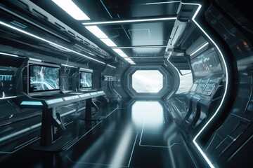 Obraz premium Sci-fi hallway interior with computer and monitor screen on the wall. Generative Ai
