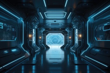Sci-fi hallway interior with computer and monitor screen on the wall. Generative Ai