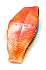 Watercolor illustration of a piece of raw salmon on white background. Generative AI.