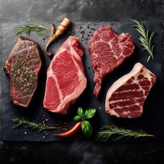 Variety of raw black Angus Prime meat steaks t bone. Generative AI.
