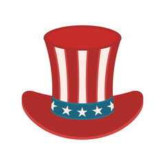 American flag hat. USA patriotic symbol. Graphic print design element. Uncle Sam's hat. Presidents' day. Cylinder with ribbon and stars. Independence Day. US politics. Vector illustration, clip art. 
