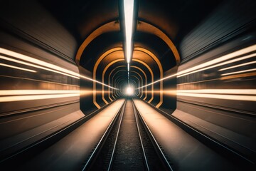 Modern light subway underground tunnel with blurry rail. Generative AI.