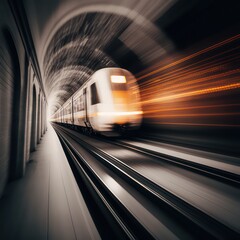 Obraz na płótnie Canvas Modern light subway underground tunnel with blurry rail. Generative AI.