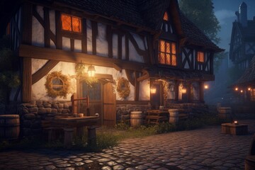 Fototapeta na wymiar Medieval tavern exterior. Generate Ai