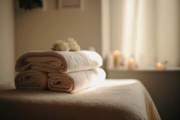 Soft beige spa towels on a massage bed in a therapy room. Generative AI. - obrazy, fototapety, plakaty