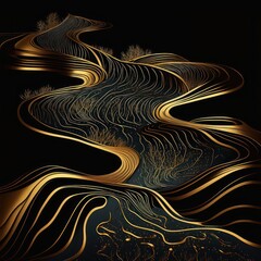Wavy abstract art in black and gold colour theme. Black and gold metallic fluid flow abstract. Generative AI.