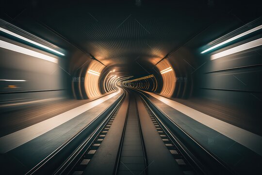 Modern light subway underground tunnel with blurry rail. Generative AI.