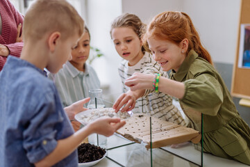 Happy children making a little greenhouse, learning about planting.
