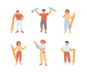 People standing with huge pencils. Set of students male and female various emotions. Angry boy with broken pencil, thoughtful, contented and happy girls. Vector illustration, isolated characters.