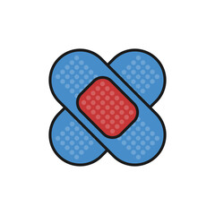 Band medical plaster icon or Bandage plaster sign or Medical wound plaster symbol in blue red color fill cross x mode. Vector illustration in trendy style. Editable graphic resources.