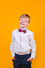 Elegantly dressed young blonde boy posing and smiling on yellow background