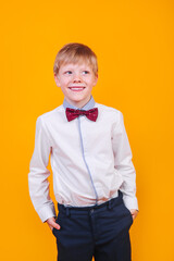 Close-up portrait of smiling little boy in shirt with bowtie on yellow background