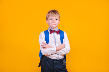 Smiling schoolboy with arms crossed with backpack on yellow background