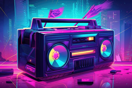 Colorful 1980s Boombox Illustration in Neon Style