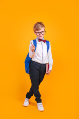 Fototapeta premium Little school boy in eyeglasses and bowtie with backpack holding books and standing on orange background