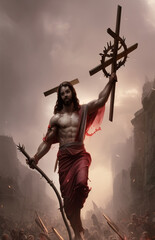 Naklejka premium Jesus with Sword, Generated Ai