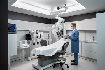 Generative AI Illustration of an ophthalmologist working in an ophthalmology clinic surrounded by devices for regulating and diagnosing vision