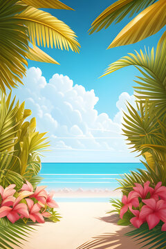 Tropical beach with palm trees and sea. Generative AI