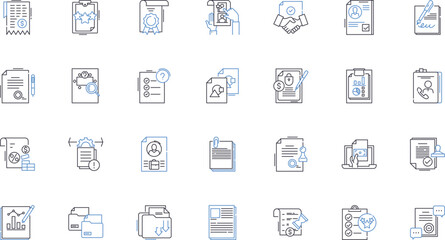 adjuster line icons collection. Settlement, Assessment, Insurance, Claim, Evaluation, Damage, Negotiation vector and linear illustration. Inspection,Appraisal,Liability outline signs set
