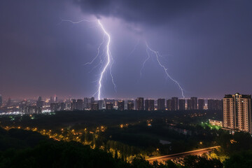 lightning over the night city. Thunderstorm, storm. Generative Ai