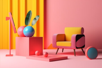 geometric memphis sofa colourful armchair art room home interior empty design. Generative AI.