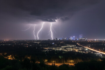 Naklejka na ściany i meble a close up of a lightning bolt hitting a city at night. Generative Ai
