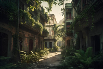 Fototapeta premium Illustration of a Post Apocalyptic Neighborhood Ruins - generative ai