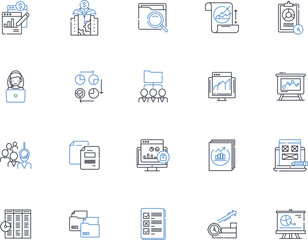 Record keeping system line icons collection. Organization, Effortless, Systematic, Digital, Accessibility, Accuracy, Efficiency vector and linear illustration. Documentation,Storage,Audit outline