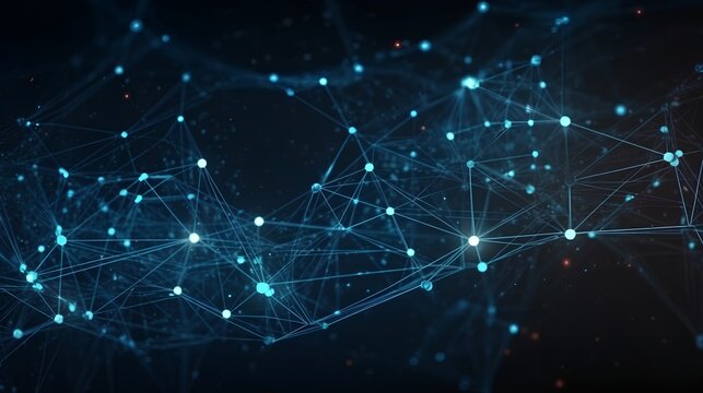 Abstract image on a dark background, showcasing interconnected data points that represent digital transformation and big data. Advanced AI driven network systems for a high tech future. Generative AI