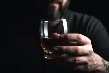 a man holds a glass of alcohol in his hand, portrait, with a beard and in a black shirt, dramatic folding composition, alcoholism. Generative Ai